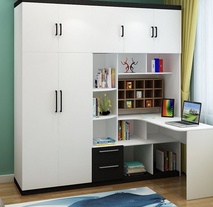 Teens bedroom with desk and shelf cabinet
